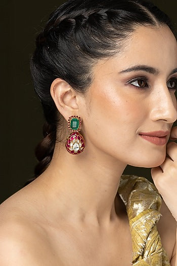 Gold Finish Green & Pink Stone Dangler Earrings