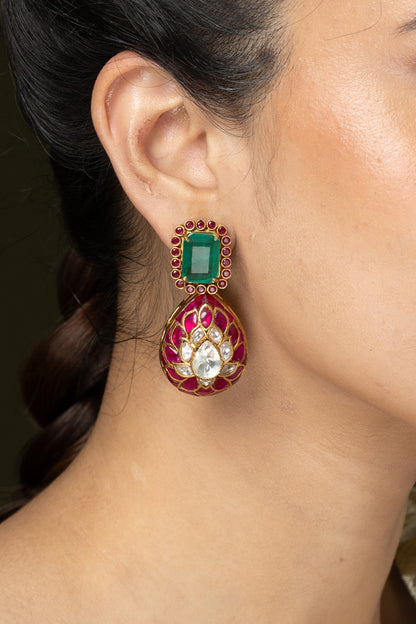 Gold Finish Green & Pink Stone Dangler Earrings