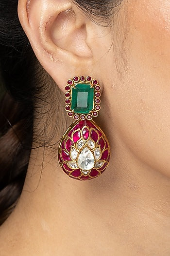 Gold Finish Green & Pink Stone Dangler Earrings