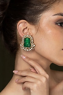 Gold Finish Emerald Gemstone Stud Earrings