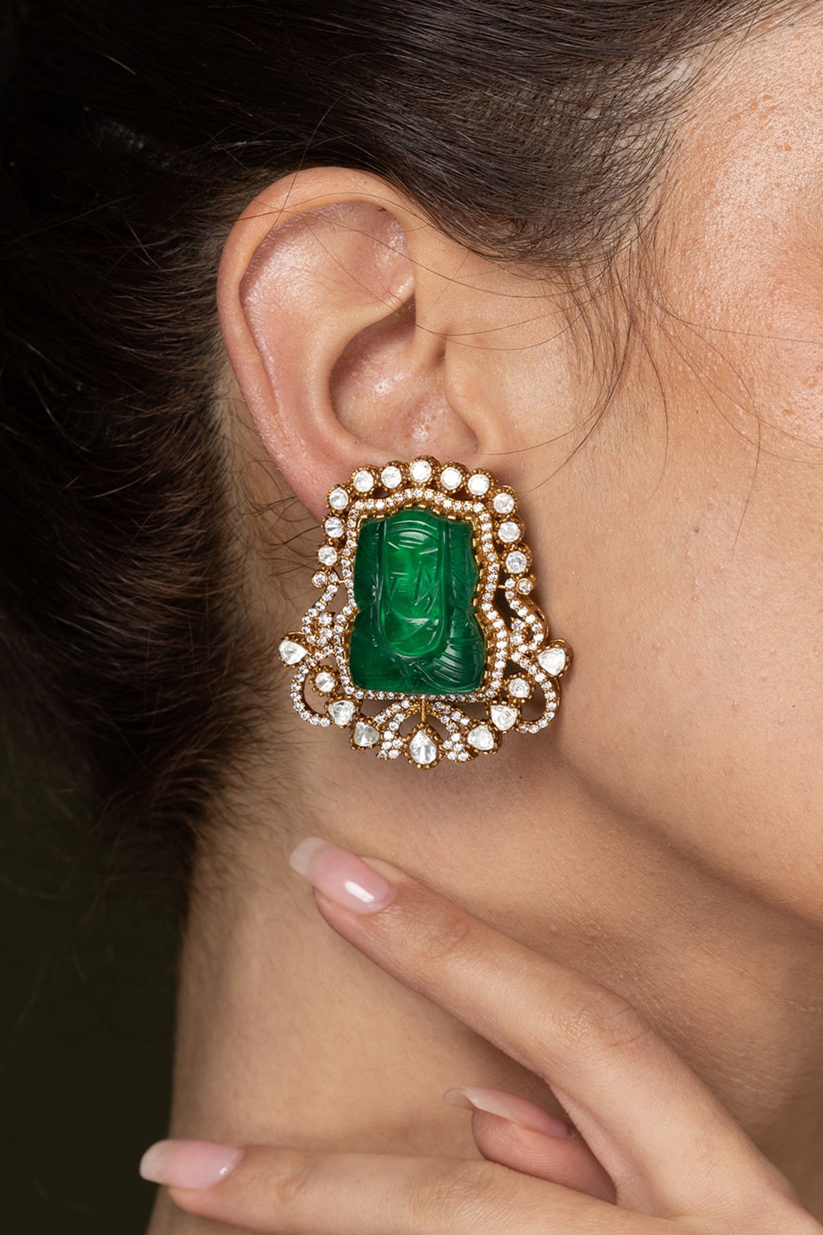 Gold Finish Emerald Gemstone Stud Earrings