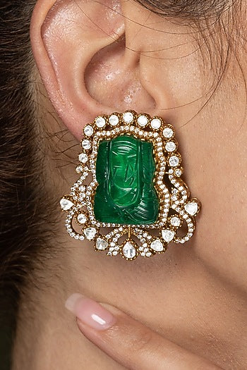 Gold Finish Emerald Gemstone Stud Earrings