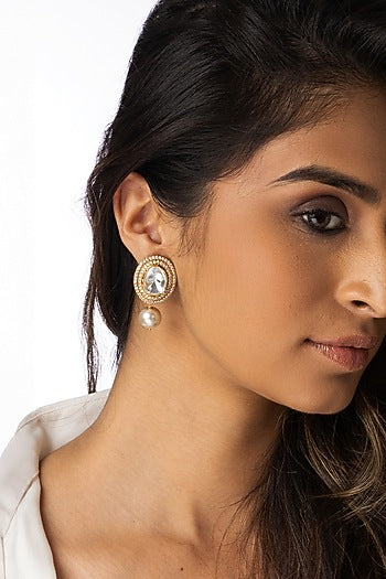 Gold Plated Pear-Shaped White Stone Dangler Earrings
