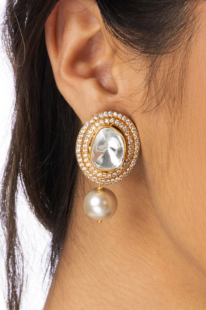Gold Plated Pear-Shaped White Stone Dangler Earrings