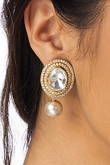 Gold Plated Pear-Shaped White Stone Dangler Earrings