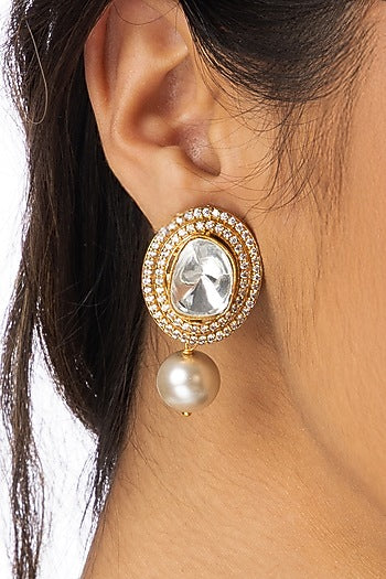 Gold Plated Pear-Shaped White Stone Dangler Earrings