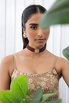 Gold Plated Maroon Beaded Necklace Set
