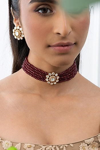 Gold Plated Maroon Beaded Necklace Set