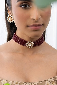 Gold Plated Maroon Beaded Necklace Set