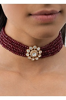 Gold Plated Maroon Beaded Necklace Set