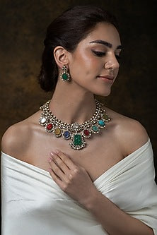 Gold Finish Multi-Colored Stone Pendant Necklace Set