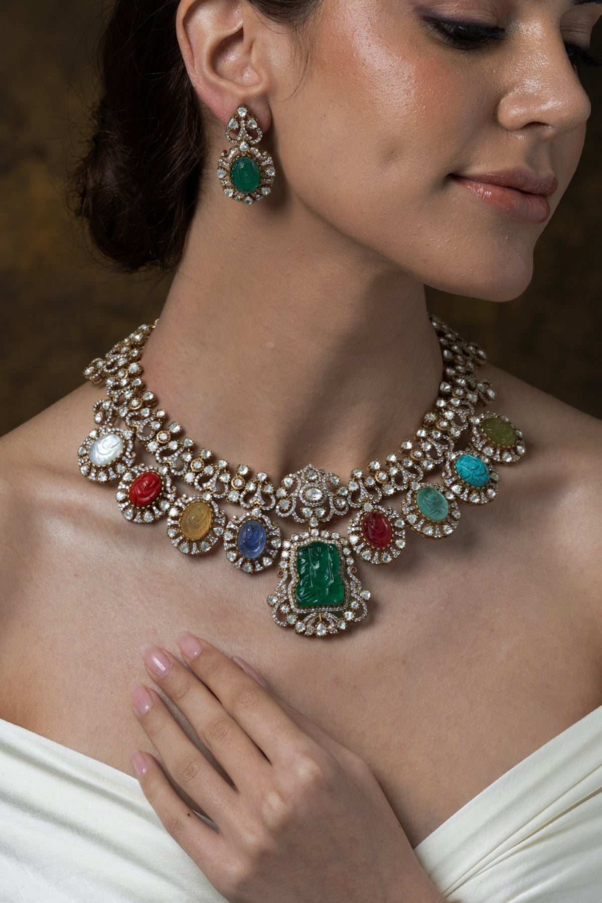 Gold Finish Multi-Colored Stone Pendant Necklace Set