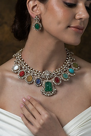 Gold Finish Multi-Colored Stone Pendant Necklace Set