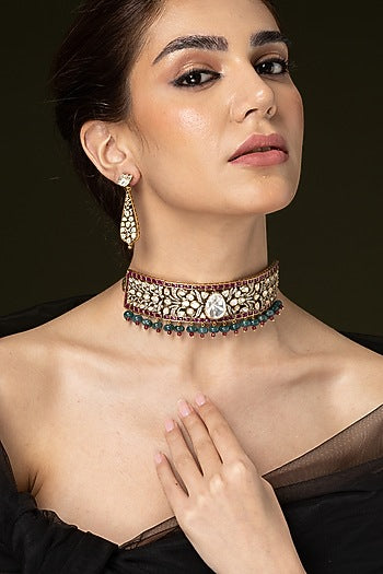 Gold Finish Ruby Stone Choker Necklace Set