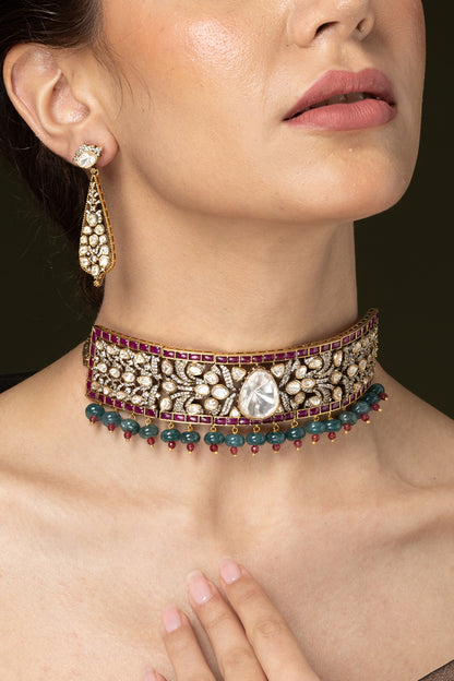 Gold Finish Ruby Stone Choker Necklace Set