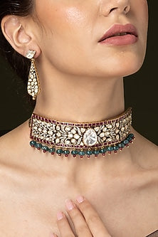 Gold Finish Ruby Stone Choker Necklace Set