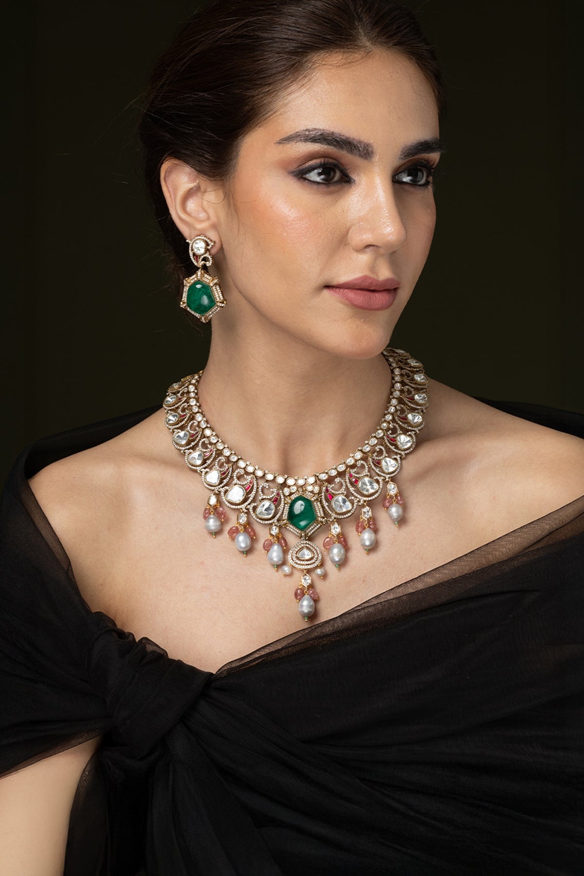 Gold Finish Multi-Colored Stone Necklace Set
