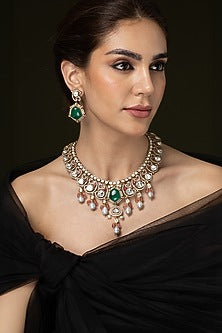 Gold Finish Multi-Colored Stone Necklace Set