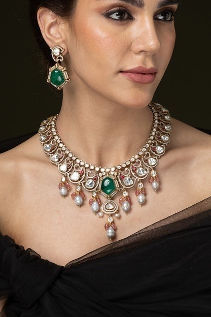 Gold Finish Multi-Colored Stone Necklace Set