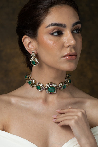 Gold Finish Green Stone Necklace Set