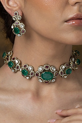 Gold Finish Green Stone Necklace Set