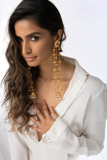 Gold Plated Pearl Drop Long Layered Earrings