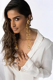 Gold Plated Pearl Drop Long Layered Earrings
