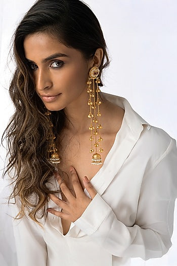 Gold Plated Pearl Drop Long Layered Earrings