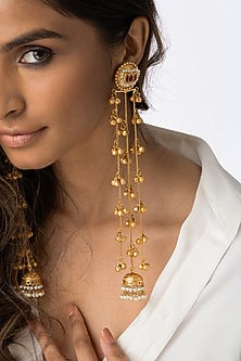 Gold Plated Pearl Drop Long Layered Earrings