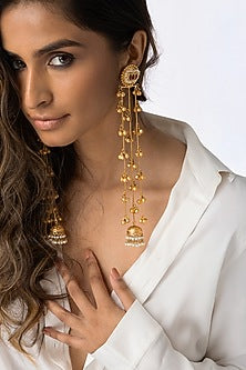 Gold Plated Pearl Drop Long Layered Earrings