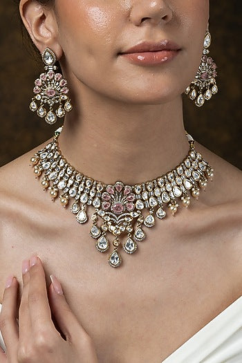 Gold Finish Pearl & Ruby Pink Stone Necklace Set