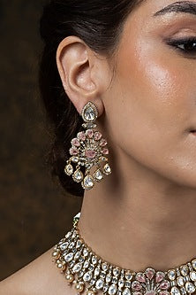 Gold Finish Pearl & Ruby Pink Stone Necklace Set