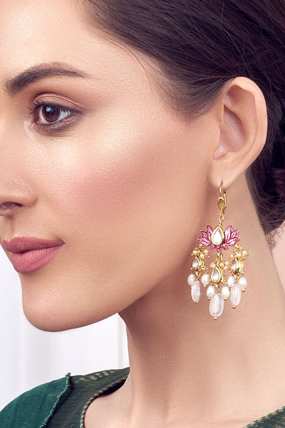 Gold Finish Meenakari Kundan Polki Earrings