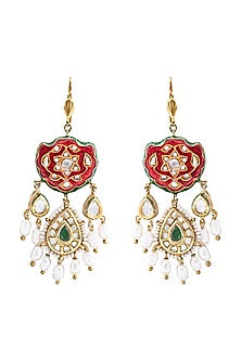 Gold Finish Meenakari Hydro Emerald Earrings