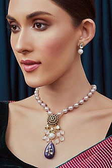 Gold Finish Rose Quartz & Hydro Sapphire Necklace Set
