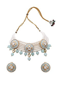 Gold Finish Meenakari Blue Agate Necklace Set