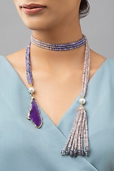 Gold Finish Swarovski & Agate Beads Necklace