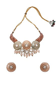 Gold Finish Green & Orange Agate Beads Necklace Set