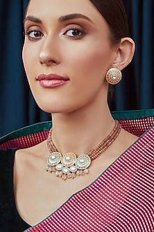 Gold Finish Green & Orange Agate Beads Necklace Set