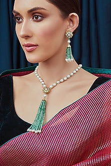 Gold Finish Green Onyx Kundan Necklace Set