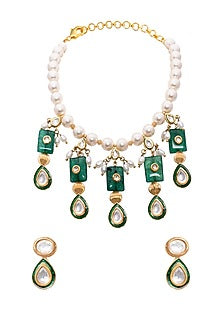 Gold Finish Green Agate Polki Necklace Set