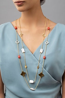 Gold Finish Coral Beaded Necklace
