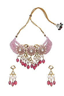 Gold Finish Meenakari Shells & Pearls Necklace Set