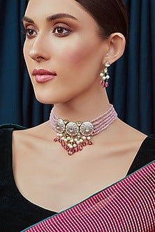Gold Finish Meenakari Shells & Pearls Necklace Set