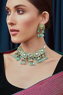 Gold Finish Meenakari Green Jade Necklace Set