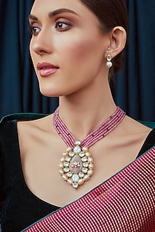 Gold Finish Meenakari Pink Agate Necklace Set