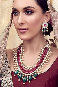 Gold Finish Green Onyx & Polki Necklace Set