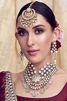 Gold Finish Fluorides & Polki Necklace Set