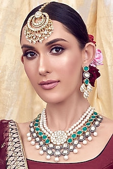 Gold Finish Shell Pearl & Polki Necklace Set