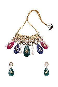 Gold Finish Onyx Drop Necklace Set